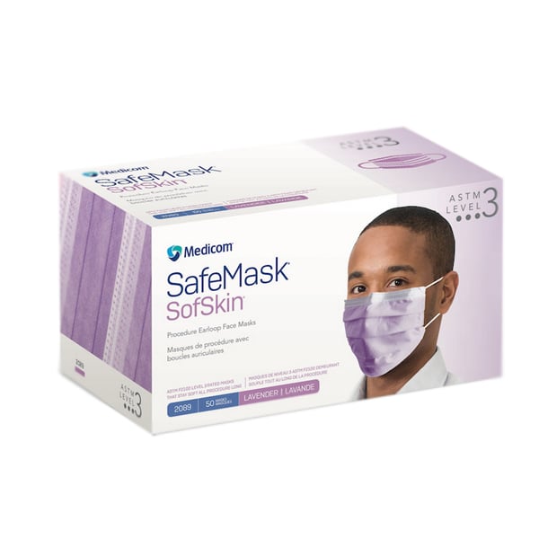 SafeMask SofSkin Earloop Face Mask, ASTM Level 3, Lavender, 50/box