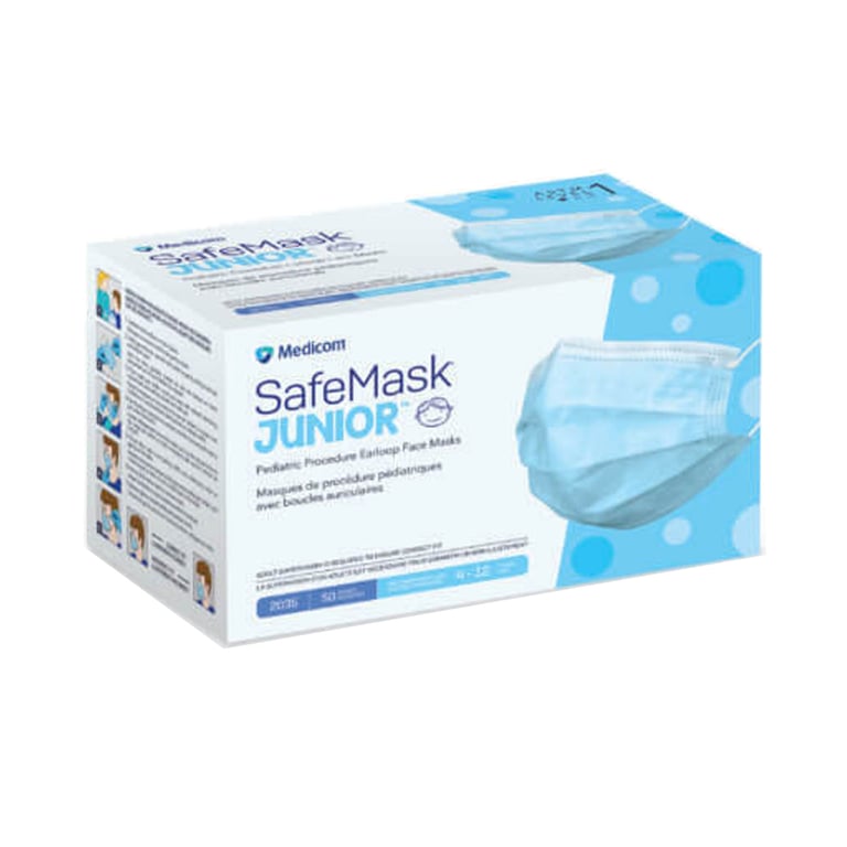 SafeMask Junior Pediatric Earloop Face Mask, ASTM Level 1, 50/Box. BFE at 3.0 μm large bacteria ≥