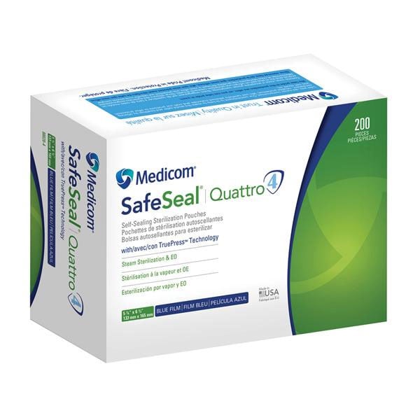 SafeSeal Quattro 5.25" x 6.5" Self-Sealing Sterilization Pouches 200/Pk. Paper/Blue Film Pouches