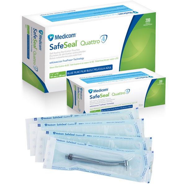 SafeSeal Quattro 2.75" x 9" Self-Sealing Sterilization Pouches 200/Pk. Paper/Blue Film Pouches