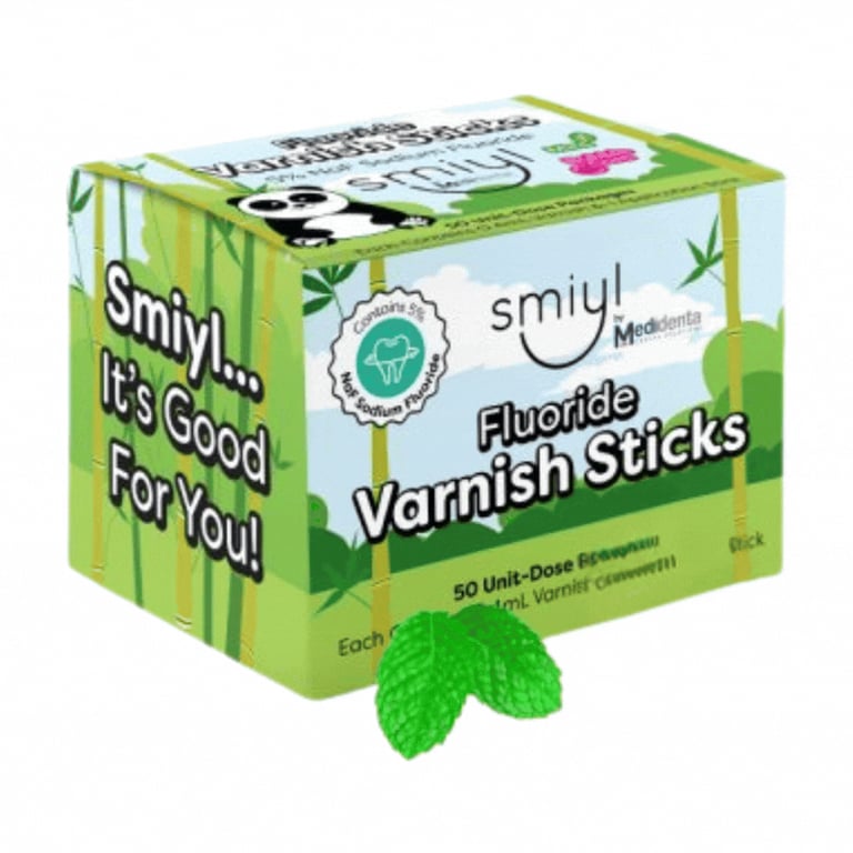 Smiyl 5% NaF Fluoride Varnish, Mint, Unit Dose, 50/Pk. Delivers 0.4mL of concentrated sodium