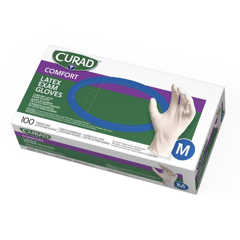 Curad Powder Free Latex Exam Gloves, Medium, White, 100/Box. Textured, 6.7 mil finger thickness