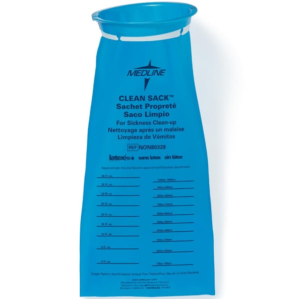 Emesis Medline sickness bags. Can be tied off at the ring to reduce contamination and smell