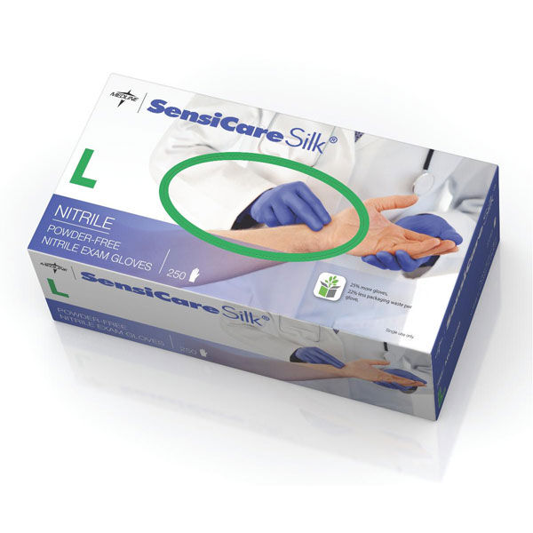 SensiCare Silk Nitrile Exam Gloves: LARGE 250/Bx. Powder-Free, Fingertip-Textured, Dark Blue
