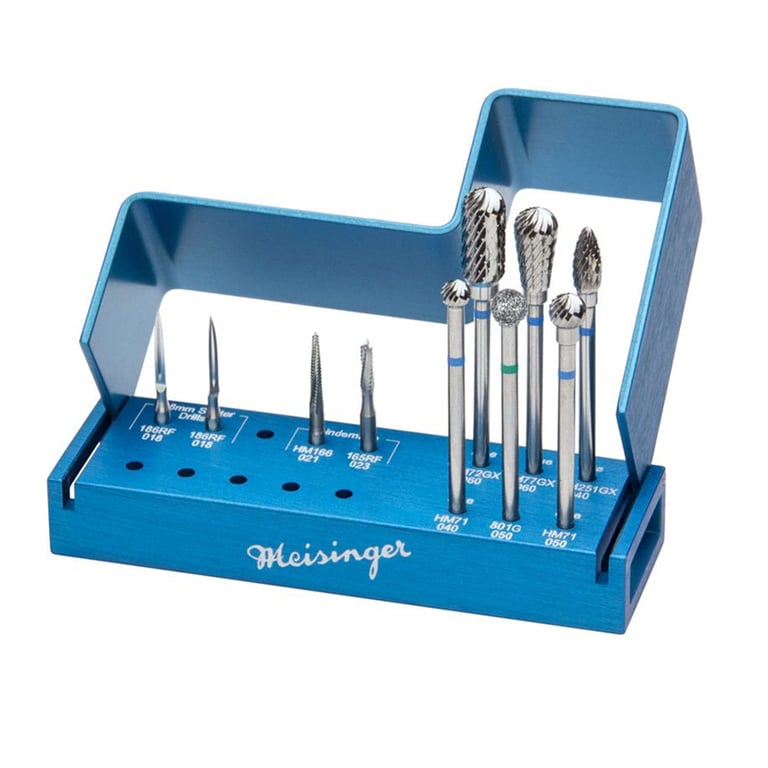 Meisinger RA/HP Alveoplasty Kit, 1/Pk. Includes: 6 x carbide burs, 1 x diamond bur, 1 x stainless