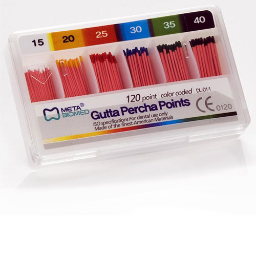 Meta Gutta Percha Points - #40, Color Coded, Sterile, Hand-Rolled, Spill-Proof Box of 120