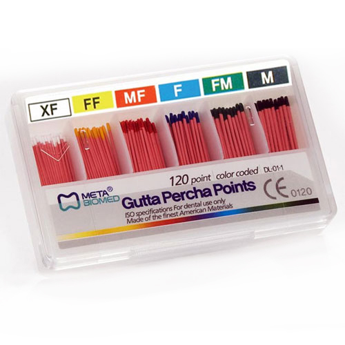 Meta Gutta Percha Points - Fine, Color Coded, Sterile, Hand-Rolled, Spill-Proof Box of 120