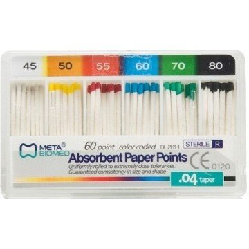 Meta Absorbent Paper Points - Assorted #15-40 Taper size 0.04, Color Coded, Spill-Proof Box of 60