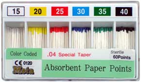 Meta Absorbent Paper Points - #50, Taper size 0.04, Color Coded, Spill-Proof Box of 60