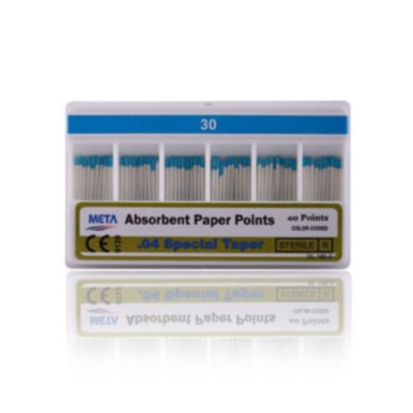 Meta Absorbent Paper Points - #30, Taper size 0.04, Color Coded, Spill-Proof Box of 60