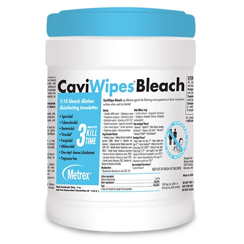 CaviWipes Bleach disinfecting towelettes 90/ Canister. Towelette size 6" x 10.5". Disposable