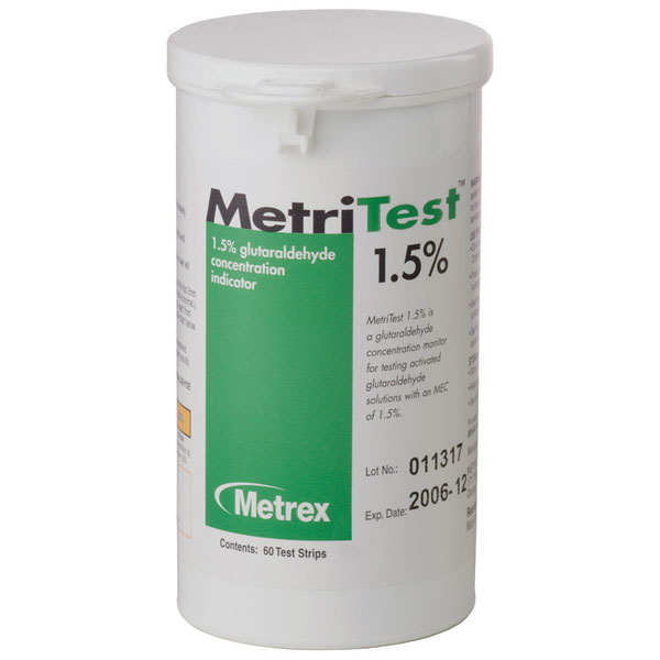 MetriTest 1.5% Glutaraldehyde Indicator Strips, 60 Strips/Bottle. To test the MEC of MetriCide