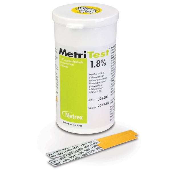 MetriTest 1.8% Glutaraldehyde Indicator Strips, 60 Strips/Bottle. To test the MEC of MetriCide 28