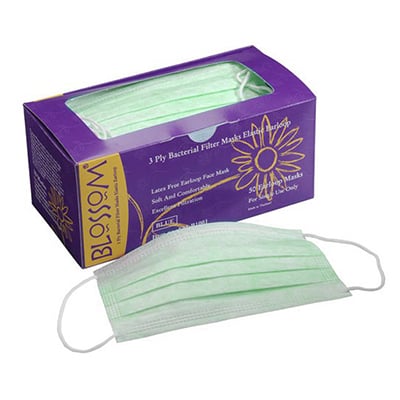 Blossom GREEN Ear-Loop Face Mask Latex-Free 50/Bx. Made of soft 3-ply non-allergenic synthetic