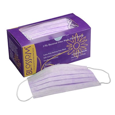 Blossom LAVENDER Ear-Loop Face Mask Latex-Free 50/Bx. Made of soft 3-ply non-allergenic synthetic