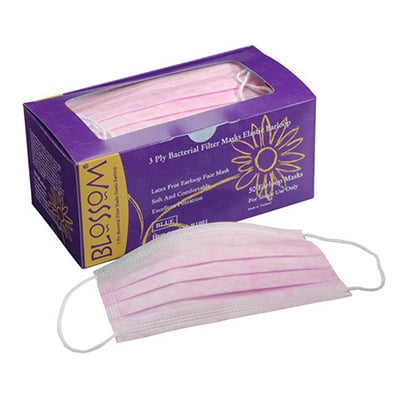Blossom PINK Ear-Loop Face Mask Latex-Free 50/Bx. Made of soft 3-ply non-allergenic synthetic