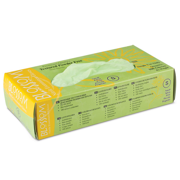 Blossom Nitrile Gloves: LARGE 100/Bx. Avocado Green, Powder-Free, Textured, Soft
