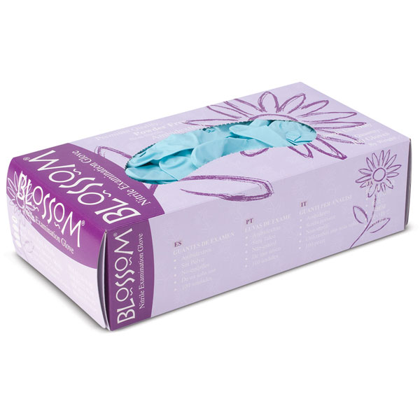 Blossom Nitrile Gloves: SMALL 100/Bx. Teal, Powder-Free, Textured. Micro-rough surface aids grip