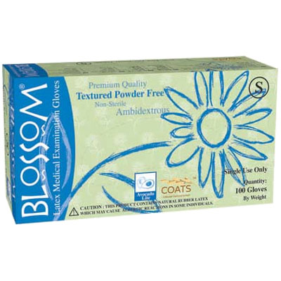 Blossom Latex Exam Gloves with C.O.A.T.S. - SMALL 100/Bx. Avocado Lite color, Textured, Powder