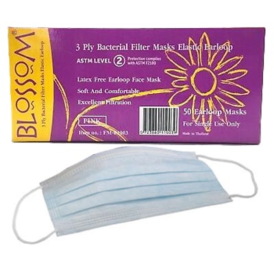 Blossom ASTM level 2 Ear-Loop Face Mask BLUE 50/Bx. Filtration efficiency 99%. Made of soft 3-ply