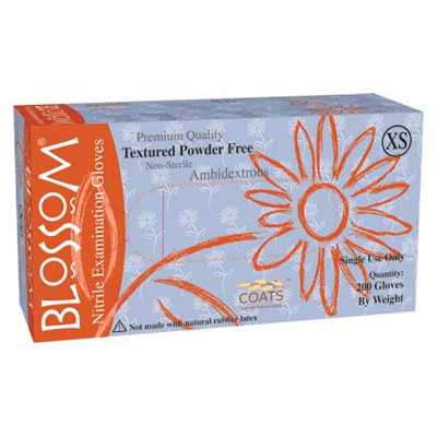 Blossom Nitrile Exam Gloves with C.O.A.T.S. - SMALL 200/Bx. Dawn Blue color, Textured, Powder