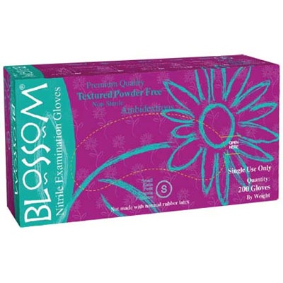 Blossom Nitrile Exam Gloves: SMALL, 200/Bx. BLUE LITE. Textured fingertips for superior grip