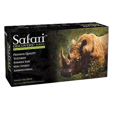 Safari Nitrile Exam Gloves: SMALL 100/Bx. Black, Textured, Powder-Free. Dark color hides stains