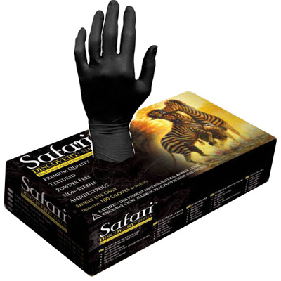 Safari Latex Exam Gloves: X-LARGE, 100/box. Black color, powder-free, textured, beaded cuff
