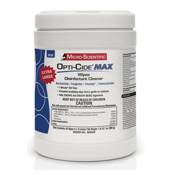 Opti-Cide MAX Disinfectant Cleaner, Extra-Large Wipes, 9" x 12", 65/canister. Benefits include: 1