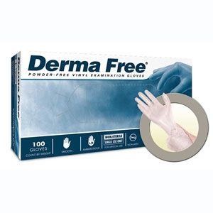 Derma Free Vinyl Exam Gloves: MEDIUM 100/Bx. Powder-Free, Smooth, Beaded Cuff, Non-Sterile