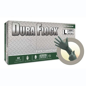 Dura Flock Flock-lined nitrile gloves: MEDIUM 50/Bx. Fully textured, 8 mil nitrile