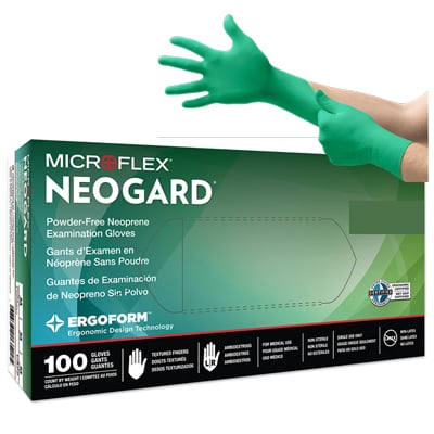 NeoGard Chloroprene exam gloves: SMALL, non-sterile, powder-free, made from a unique, non-latex