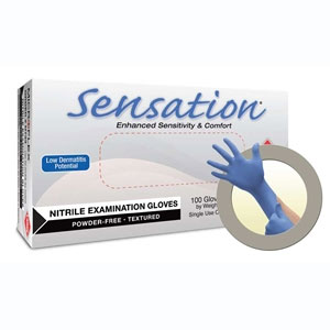 Sensation Nitrile exam gloves: MEDIUM, blue, 100/bx, non-sterile, powder-free, textured fingers