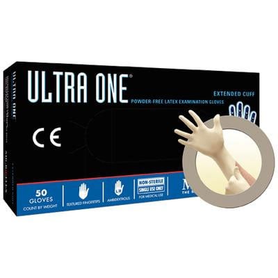 Ultra One Latex glove: Large, 50/Bx, Non-Sterile, Powder-Free, Textured, Chlorinated, Extended cuff