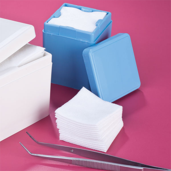 Miltex 2" x 2" Sponge Dispenser - White, 3" Tall. Spring loaded from the bottom to push sponges