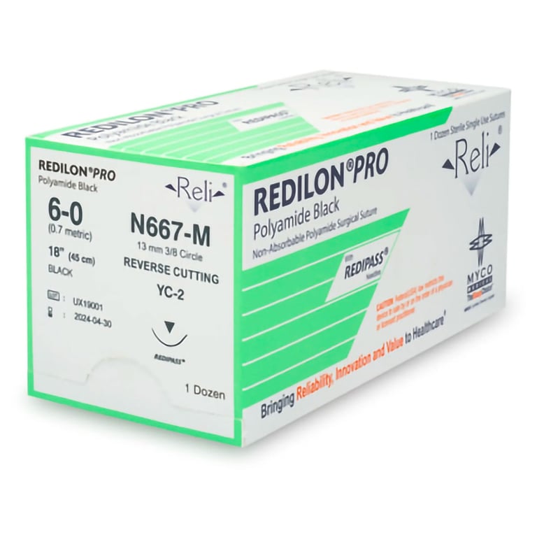 Reli Redilon PRO 6-0 Nylon Non-Absorbable Suture 18", Reverse Cutting Needle YC-2, 13mm, 3/8