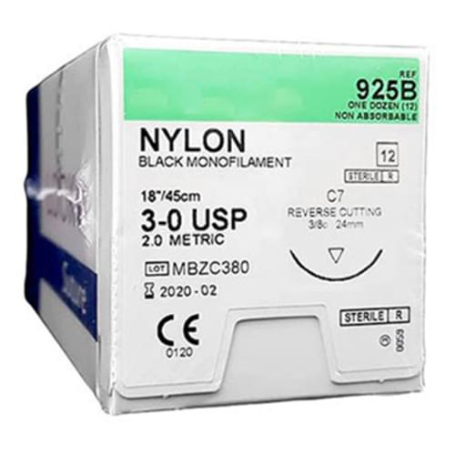 Reli 3/0, 18" Black Nylon Sutures with C-7 reverse-cutting 24mm needle (3/8 circle), box of 12