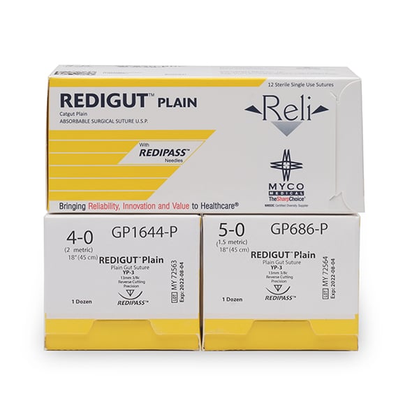 Reli 4/0, 18" Plain Gut Suture with C-6 Reverse-cutting 18mm Needle (3/8 Circle), Box of 12 Suture