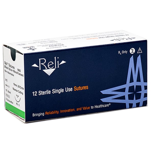 Reli 4/0, 10" Black Nylon Sutures with C-17 reverse-cutting 13mm needle (3/8 circle), box of 12