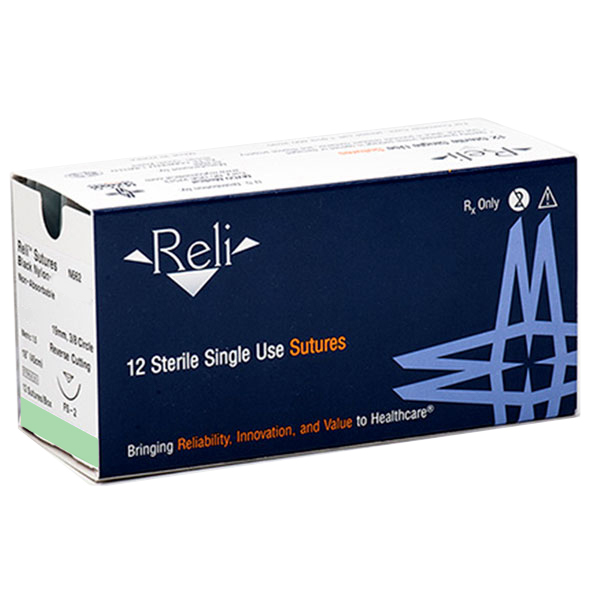 Reli 5/0, 18" Black Nylon Sutures with C-6 reverse-cutting 19mm needle (3/8 circle), box of 12