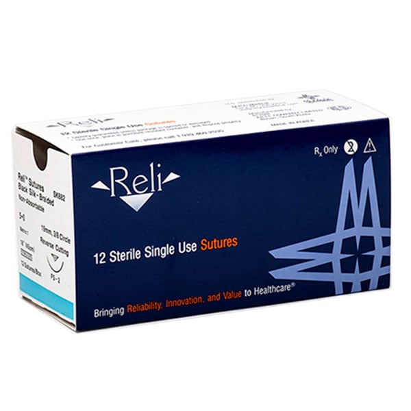 Reli 4/0, 18" Silk Black Braided Suture with C-6 Reverse-cutting 19mm Needle (3/8 Circle), Box