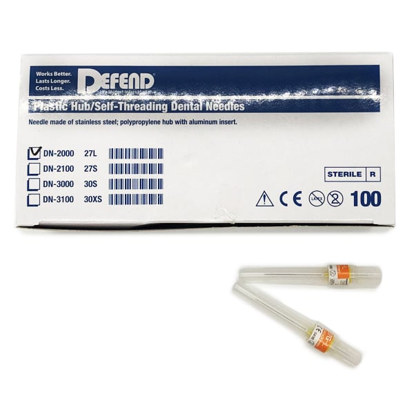Defend 27 Ga LONG Dental Needles 100/Box. Needle made of stainless