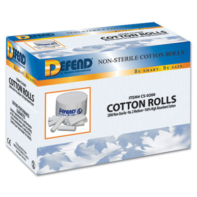 Defend #2 Medium (1.5" x 3/8") Non-Sterile Plain Wrapped Cotton Rolls. Soft and Flexible