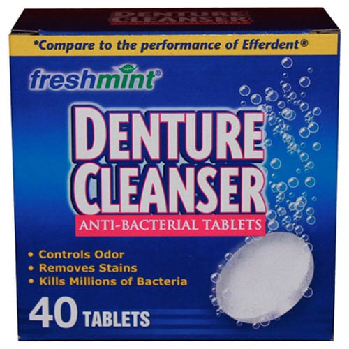 Freshmint Denture Cleanser Tablet - 40 tablets/Box. Removes stains, controls odor. Each tablet