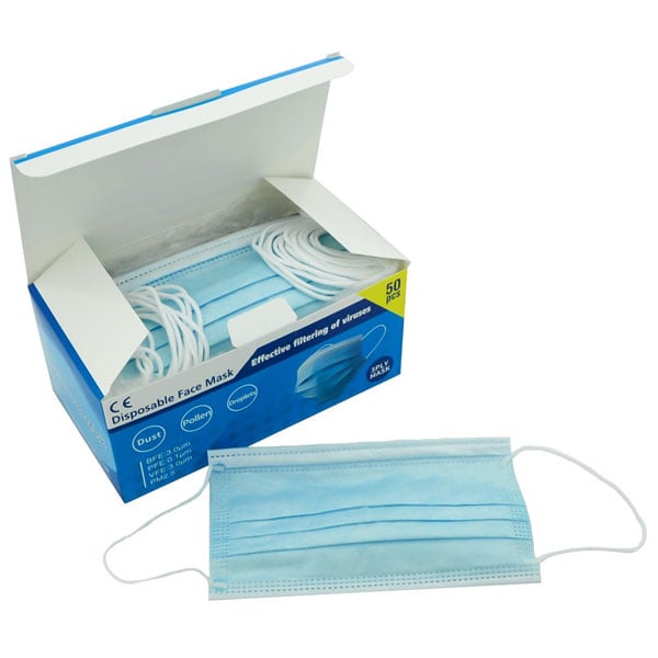 AIDEKANG Blue Pleated Ear-Loop Face Masks 50/Bx. 3-ply Non-Woven, Latex-Free design. Adjustable