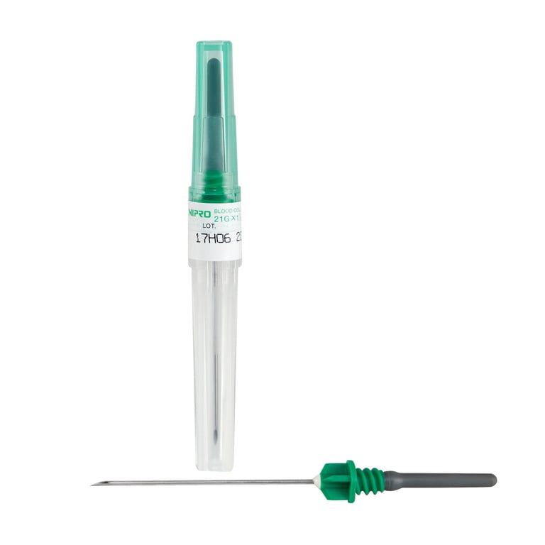 Nipro Blood Collection Needle, 21G x 1" (25 mm), 100/Box. Three-beveled siliconized needle ensures