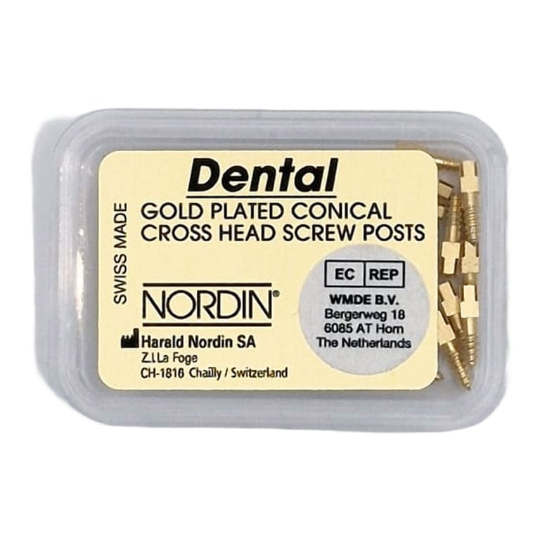 Nordin Gold Plated S4 Conical Cross Head Screw Posts, Ø 1.5mm x 7.8mm, 12/Pk