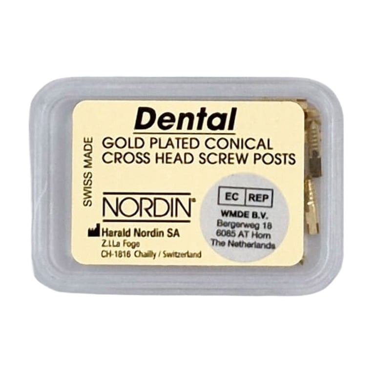 Nordin Gold Plated S6 Conical Cross Head Screw Posts, Ø 1.8mm x 7.8mm, 12/Pk