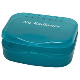 Nu Radiance Storage Case - Aqua 36/Pk. Printed with "Nu Radiance". Orthodontic appliance style