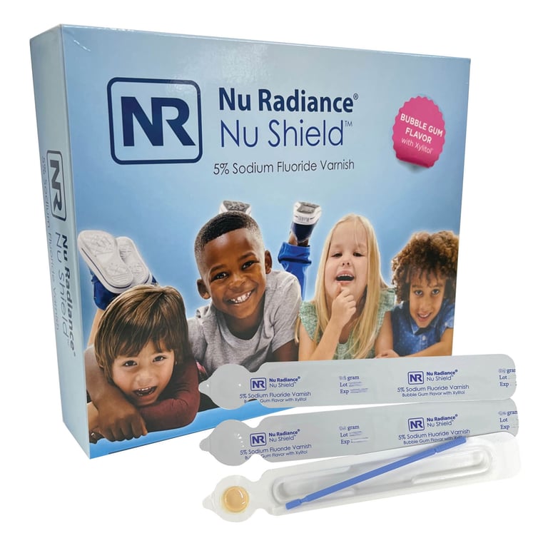 Nu Shield Fluoride Varnish 0.4g Unit Dose Packets 200/Box. 5% Sodium Fluoride Varnish that applies